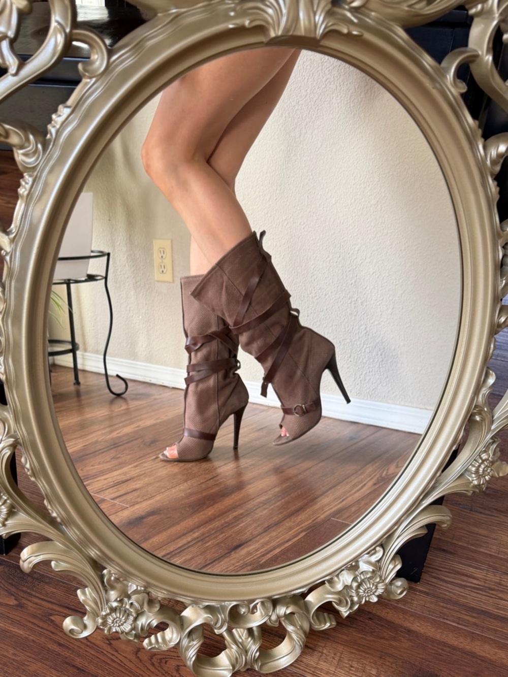 Brown Peep-Toe Stiletto Mid-Calf Boots - Women